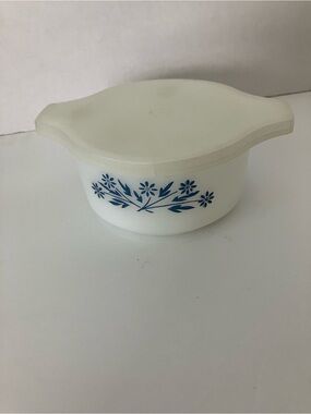 Pyr-O-Rey White Covered Casserole with Blue Floral Pattern